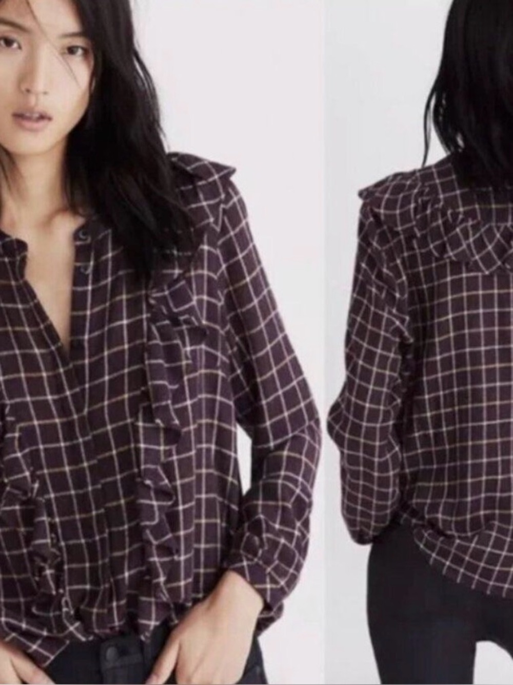 Madewell Plum Plaid Ruffle Button-Down Shirt burgundy gold y2k style crop